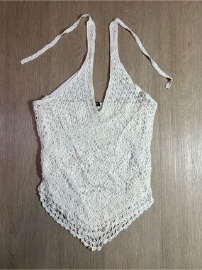Y2K Gorgeous Boutique White Lace Crochet Summer Halter Top Women’s Extra Large